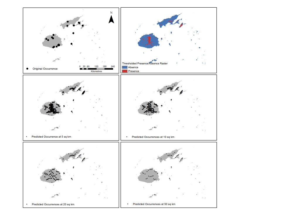 Results of initial run using RF and Mahalanobis with original occurrence points (top left); thresholded rasters (top right) and the resulting spatially rarefied points at a density distribution of 5, 10, 20 and 50 square kilometres (sq km).