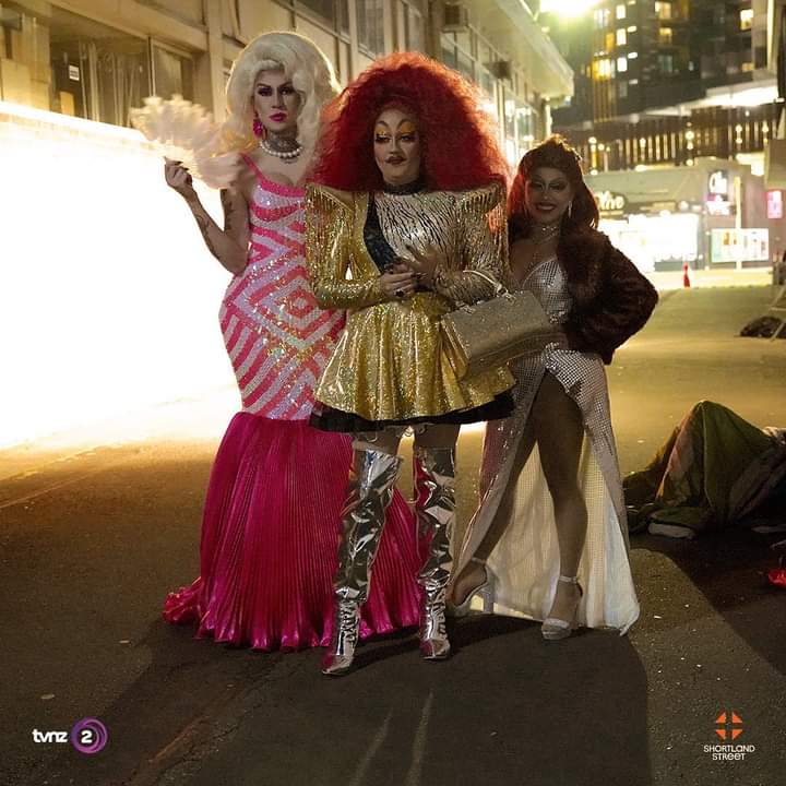 Unitec student Lara Chuo (far right) played a drag queen in a series of cameo performances