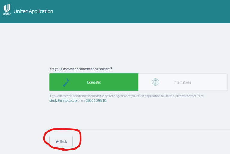 To see your Unitec Enrolment Dashboard from your Application Portal, click the 'Back' button