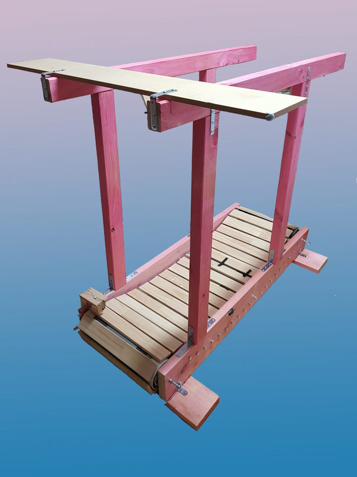 An image of a wooden treadmill which lets you walk and game at the same time