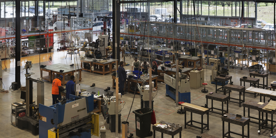 Some of the workshops on the Ground Level of Unitec’s trades building (Mataaho). Image Credit: Jessica Chloe Gernat. www.jessicachloe.com