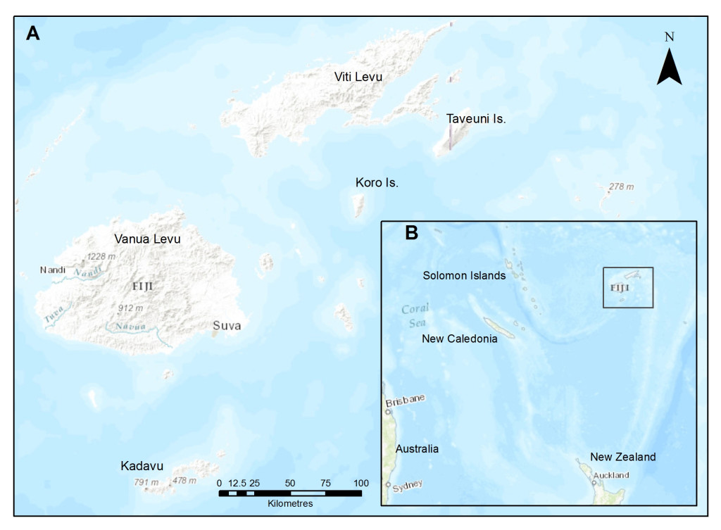 Study location is in Fiji, (A) consisting of the largest islands Vanua Levu and Viti Levu, located in the Southwest Pacific (B).