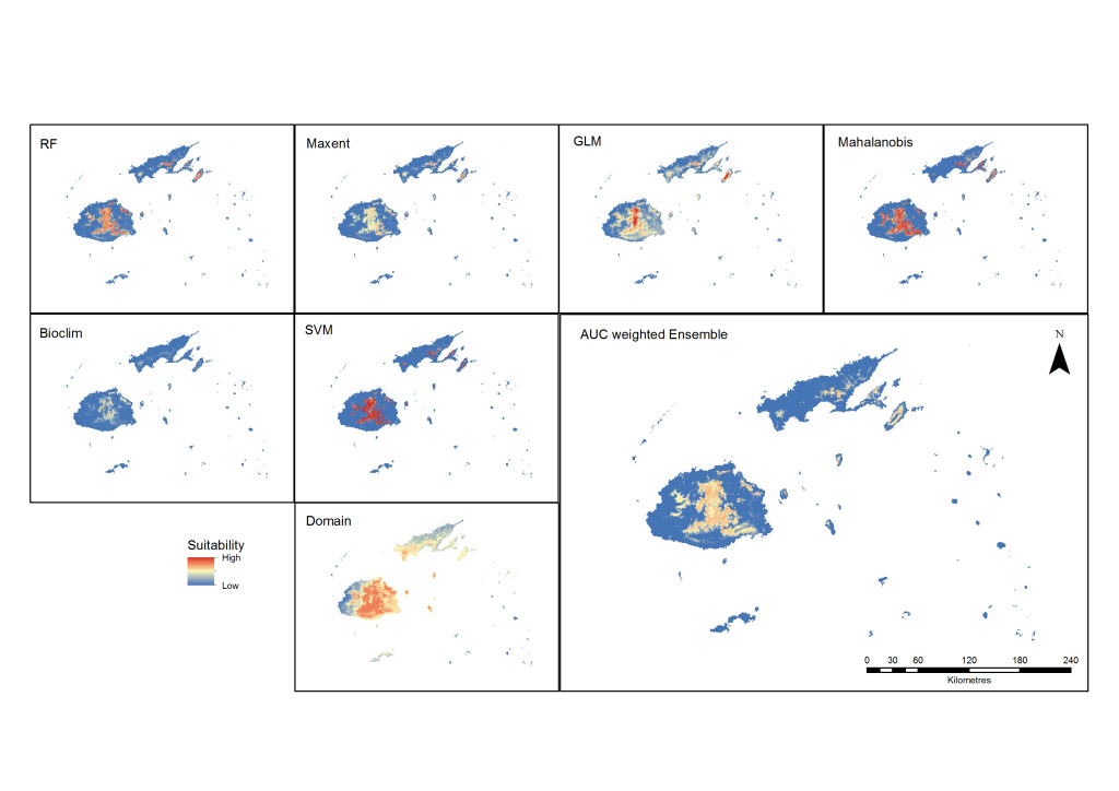 Figure 5. Predicted outputs of all models and the ensemble suitability map from the best performing models (RF, SVM and MaxEnt).