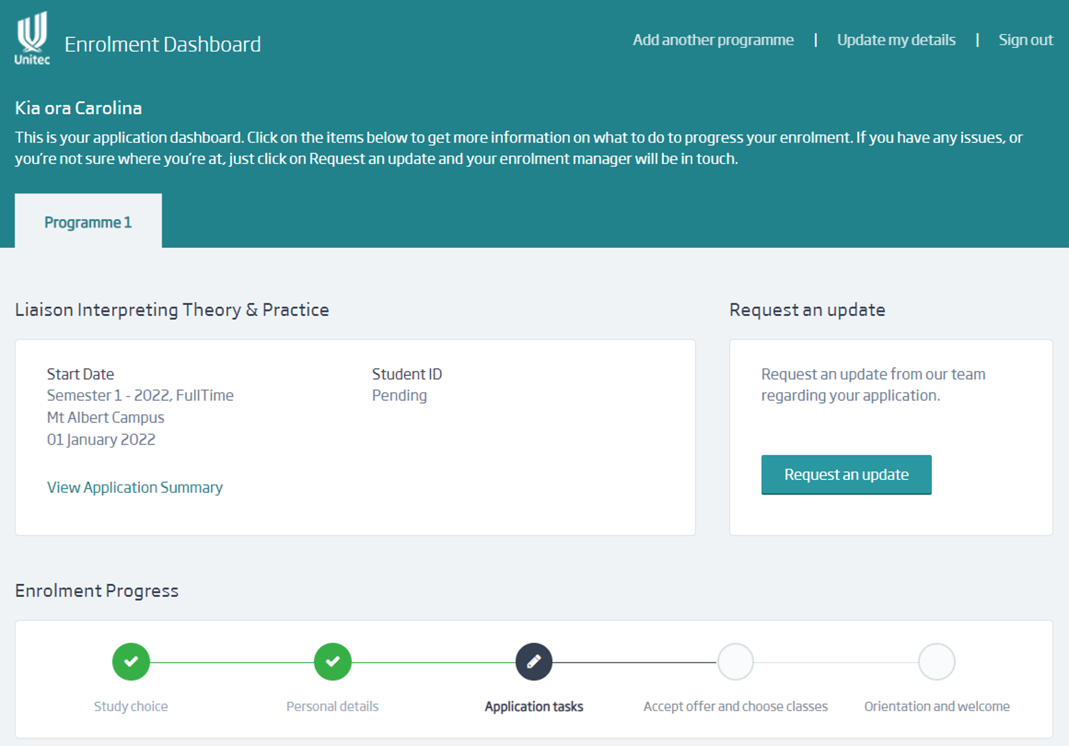 Screen shot showing Unitec enrolment portal