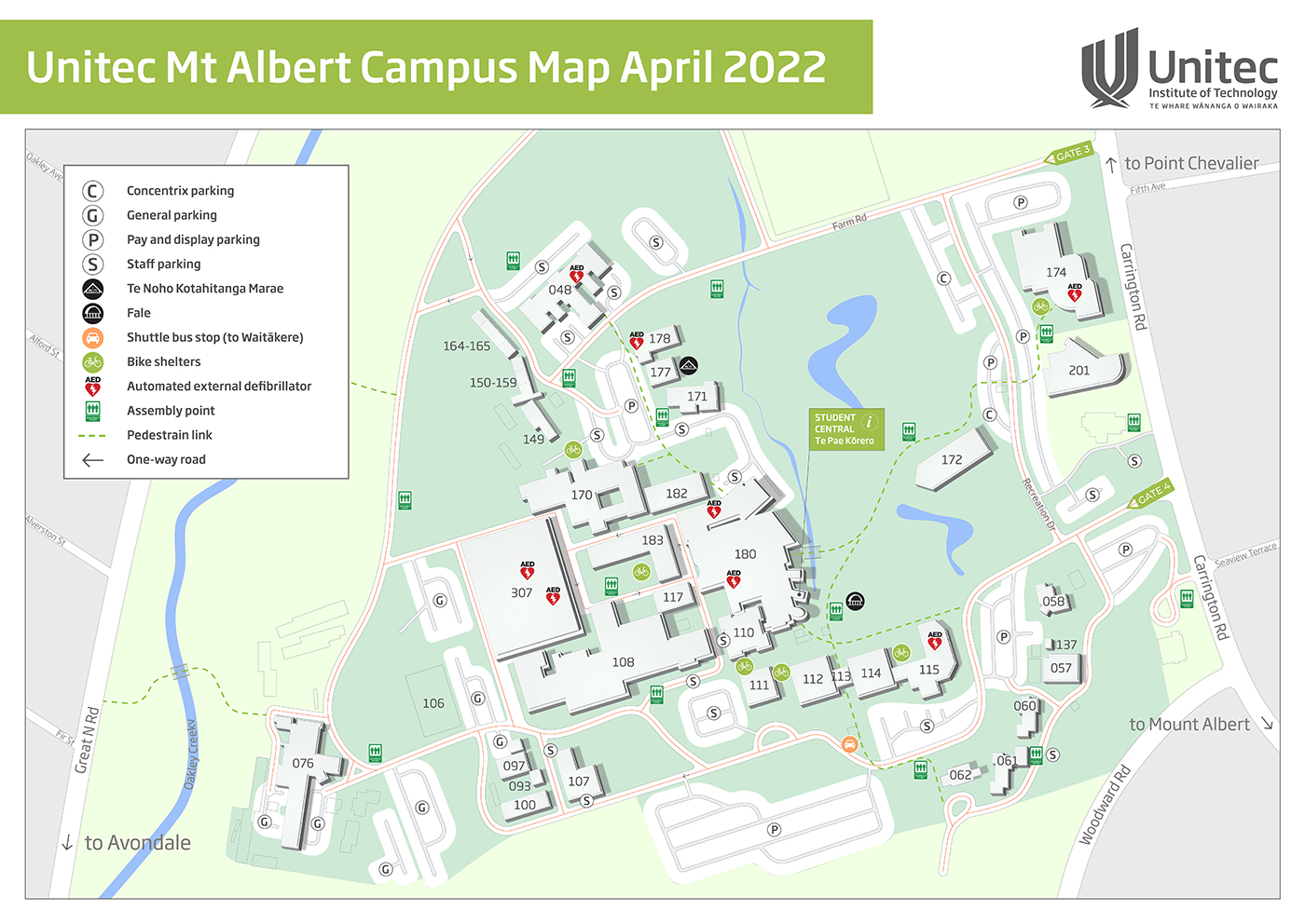 Map of carparking options at Unitec Mt Albert campus July 2021