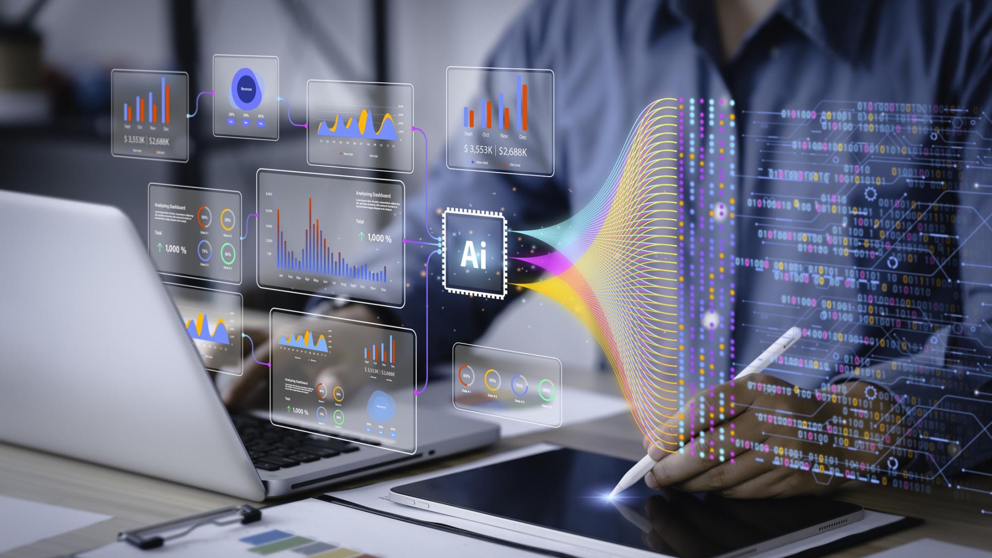 A person working on a laptop and tablet surrounded by digital visualisations of data charts, dashboards, and an AI chip symbol, representing artificial intelligence and data processing systems.