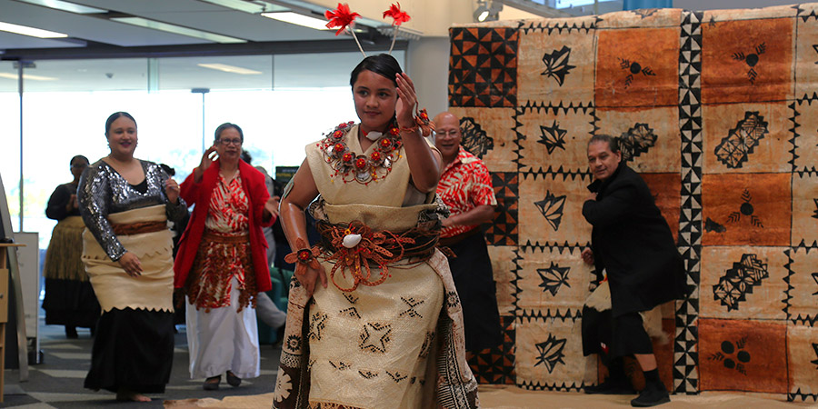 Model walks down the runway at a fashion show to celebrate Tongan language week at Unitec 