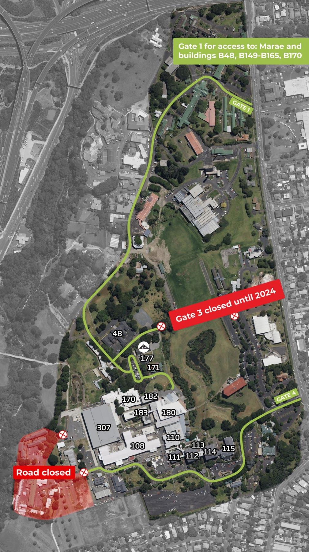 Ariel map of Unitec Mt Albert campus detailing the location of road closure September 2023