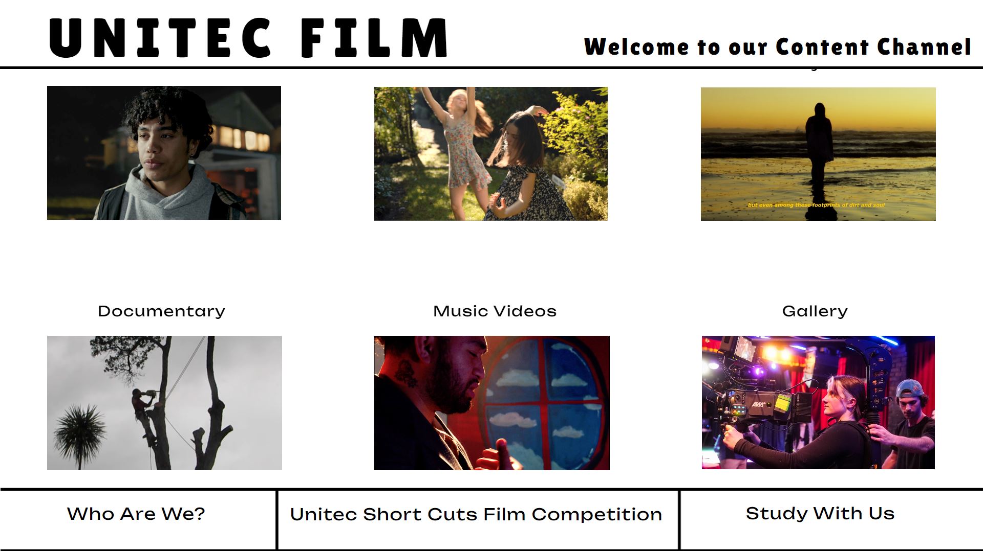 screen shot of Unitec Film webpage that hosts a range of studenet videos