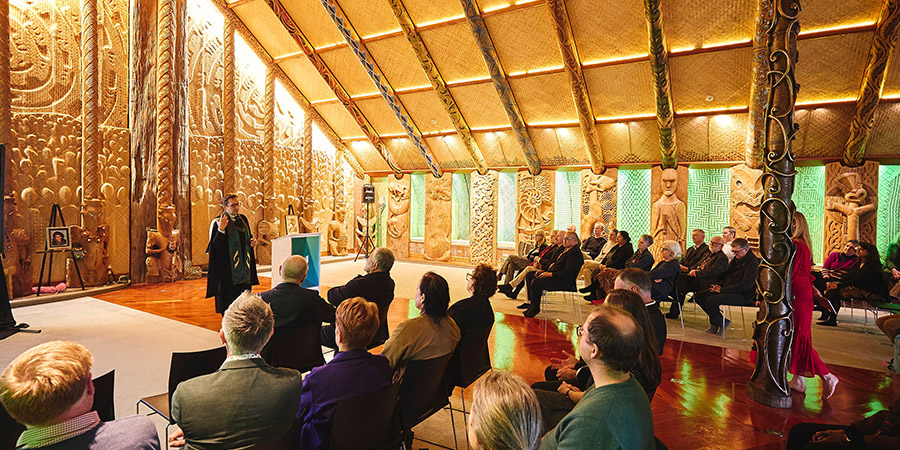 wide veiw inside the wharenui during Peter McPherson's professorial address