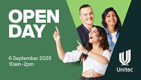 Unitec Open Day 2025 banner featuring three smiling students excitedly pointing upward, inviting you to join the event on 6 September 2025 from 10am to 2pm.