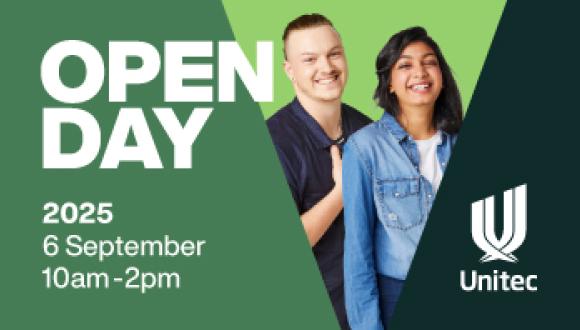 Unitec Open Day 2025 banner featuring three smiling students excitedly pointing upward, inviting you to join the event on 6 September 2025 from 10am to 2pm.