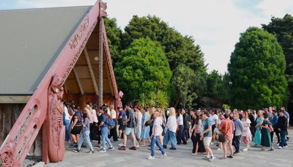 New Unitec students walking into the Marae 