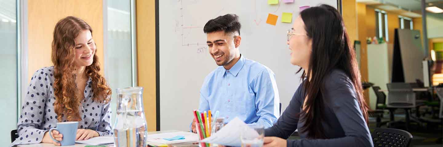A group of students sit around a meeting table talking.