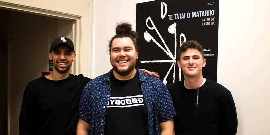 Tikirau Jermaine-Rhyd Neavin Hathaway and friends at Te tātai o Matariki exhibition.