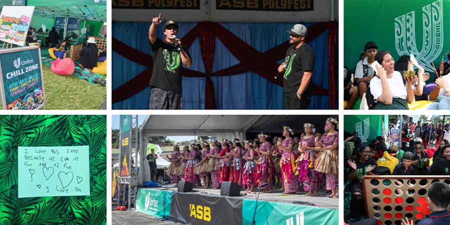 A collection of pictures of previous Polyfests, including traditional dance performances, people chatting, and two presenters in Unitec t-shirts on stage with microphones.