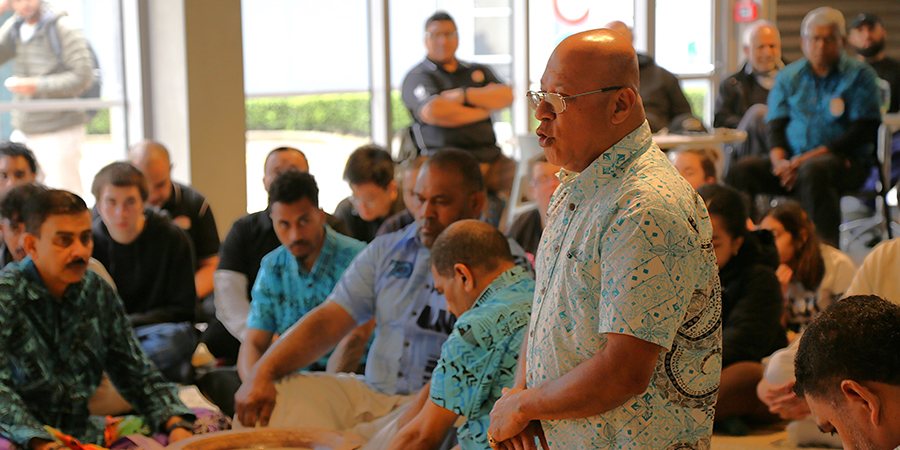 Jone Tawaketini gives a formal greeting in Fijian acknowledging the presence of a Paramount Chief of the Burebasaga Confederacy