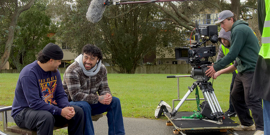 Students filming the short film "Saint Albert's Park".