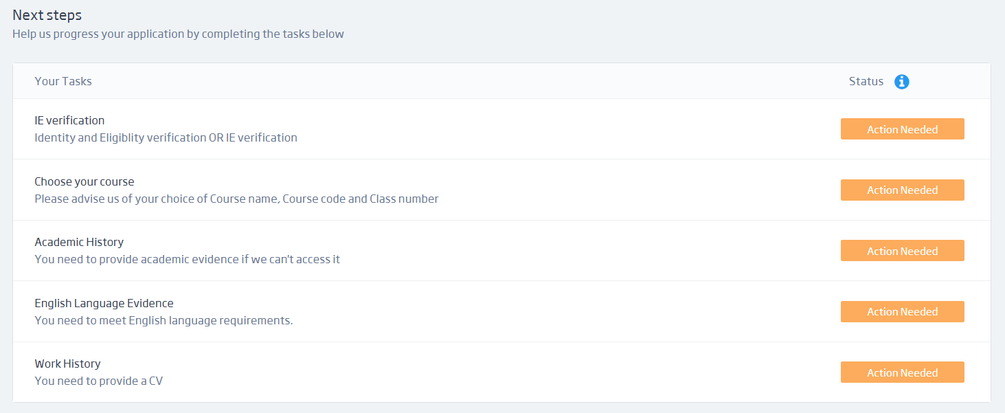 screen shot of Unitec enrolment portal showing tasks to complete