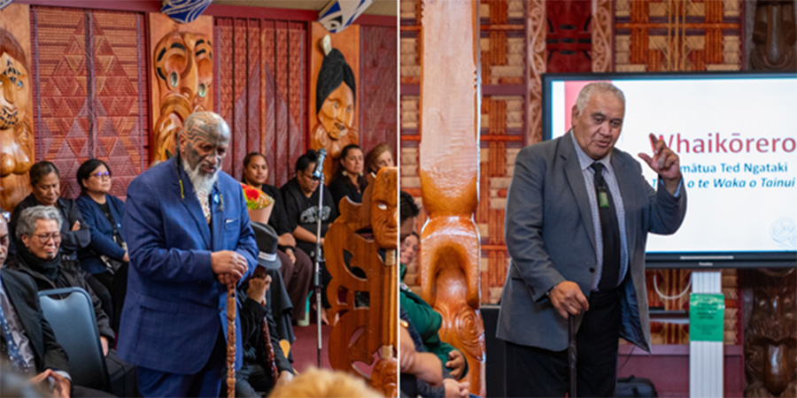 Tunuiarangi McClean – Mana Whenua Kaumatua (L) and Kaumatua Ted Ngataki – Te Kei o te Waka a Tainui Papa (R)