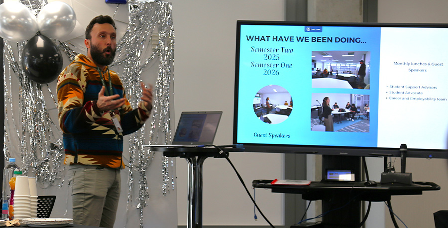 A lecturer gives a speech.