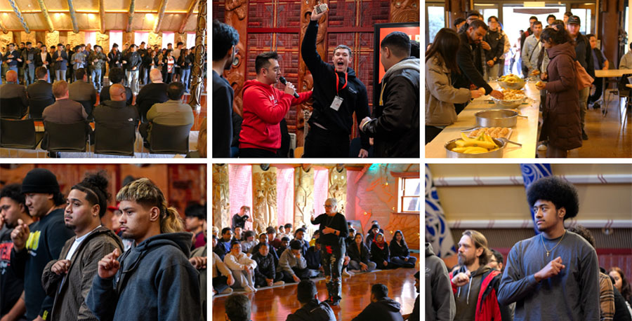 Students and staff enjoying the pōwhiri welcome session in te wharenui o Te Noho Kotahitanga Marae.