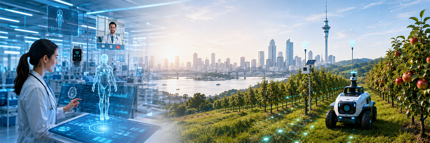 An AI generated image showing a woman and man in labcoats, a schematic of a human body, and a machine driving between rows of trees with Auckland in the background.