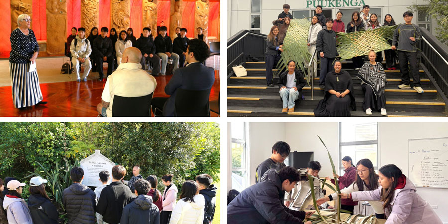 Students in the marae wharenui and taking part in a raranga weaving workshop.