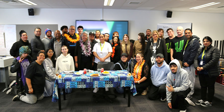 Polynesian Panthers members, Rev Alec Toleafoa and Associate Professor Melani Anae with the Talanoa Pasifika class at Waitākere Campus.