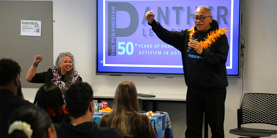 Assoc. Prof Melani Anae and Rev Alec Toleafoa give a speech to a class.