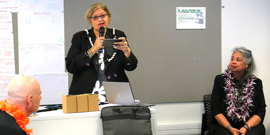 Senior Lecturer Sailauama Cheryl Talamaivao gives a speech.