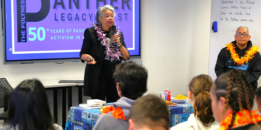 Associate Professor Dr Melani Anae gives a talk to a group of students.